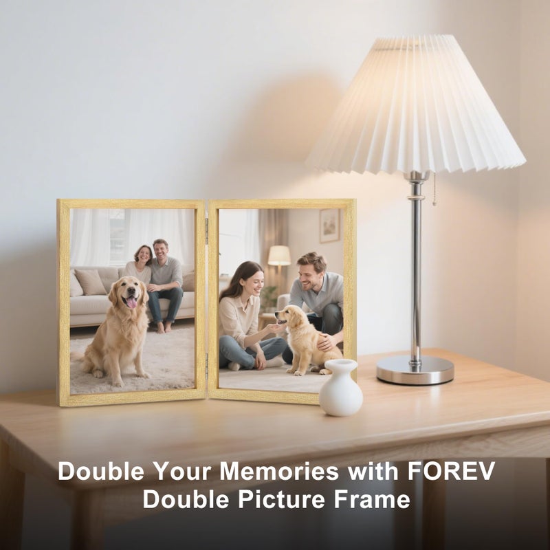 Forev 4x6 Double Picture Frame Wooden Hinged Photo Frame Definition Glass Stand Vertically on Desktop or Tabletop Gold - Image 2